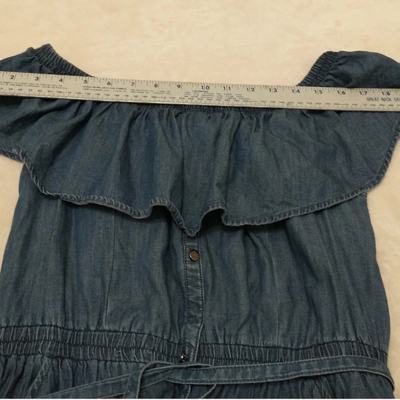 Express Faux Denim Off-Shoulder Ruffle Dress - Picture 11 of 12